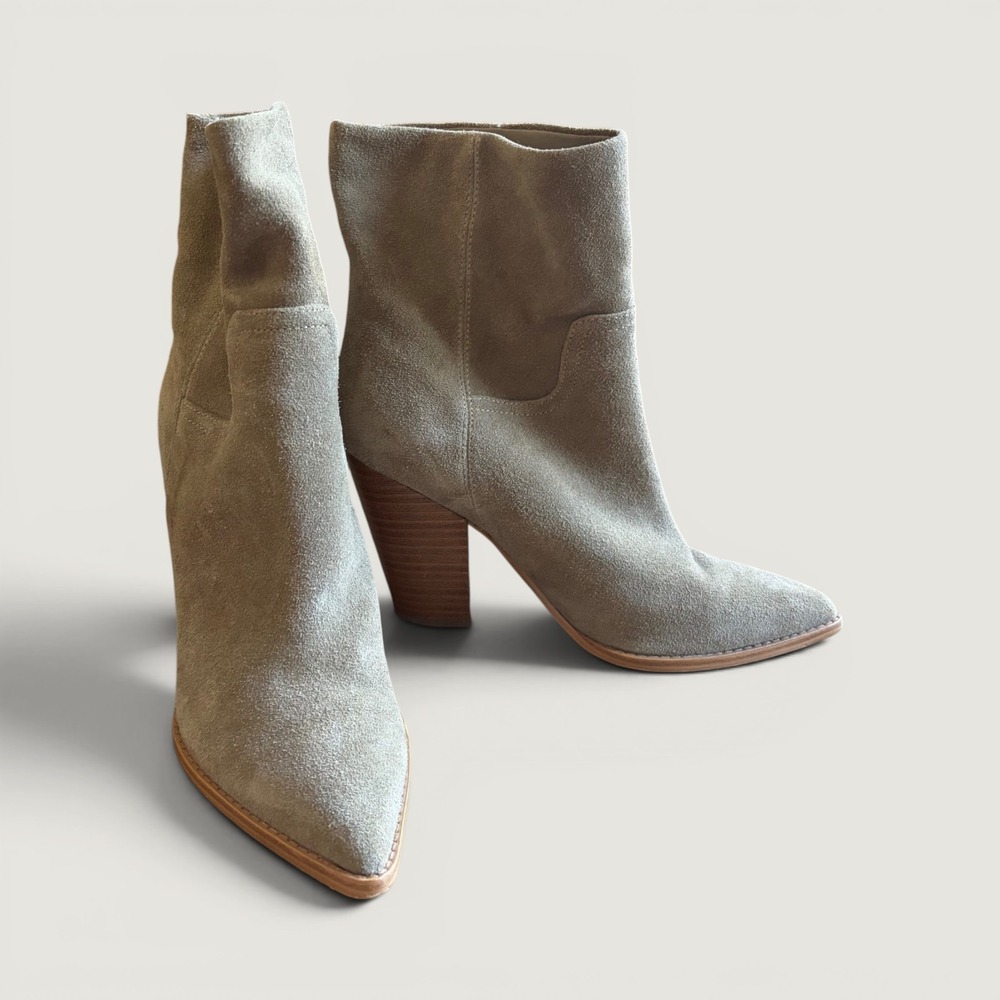 Marc Fisher LTD Women Taupe Suede Pointed Toe Block Heel Ankle Boots Size 6.5M
